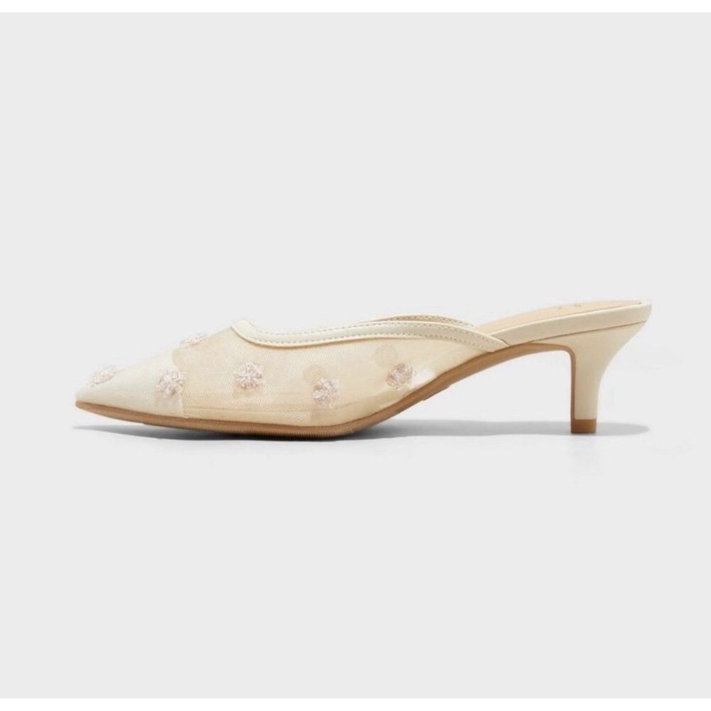 Womens Sheer Mesh Kitten Heel Mule Pointed Toe Floral Chic Cottagecore Ivory 7.5 - Picture 3 of 4